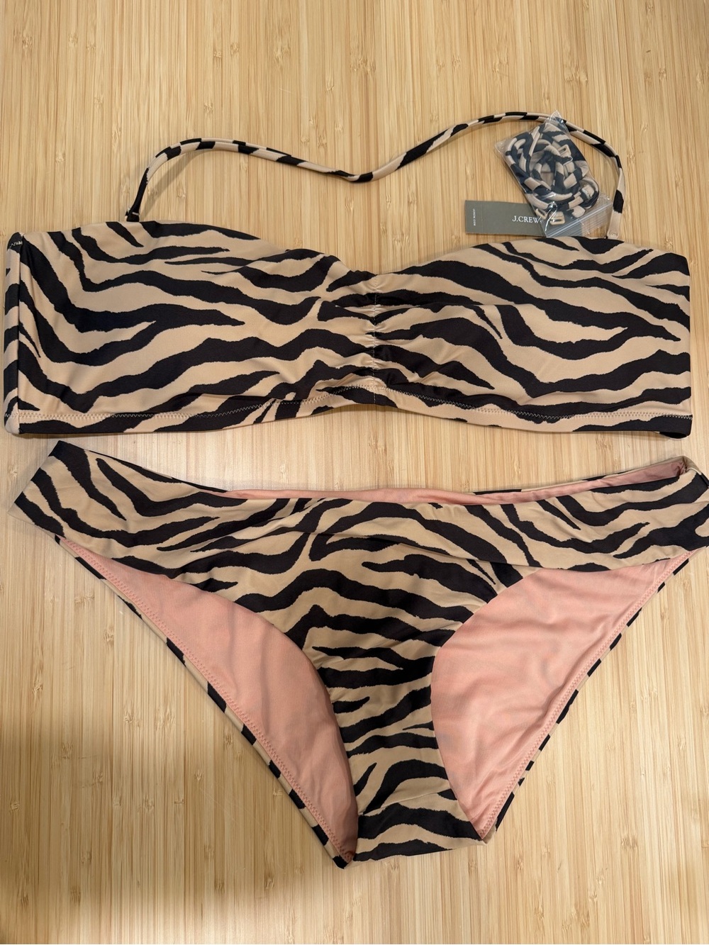J‎ Crew Bikini Top Bottom Women's 2X Brown Zebra Animal Print Swim NWT Bandeau